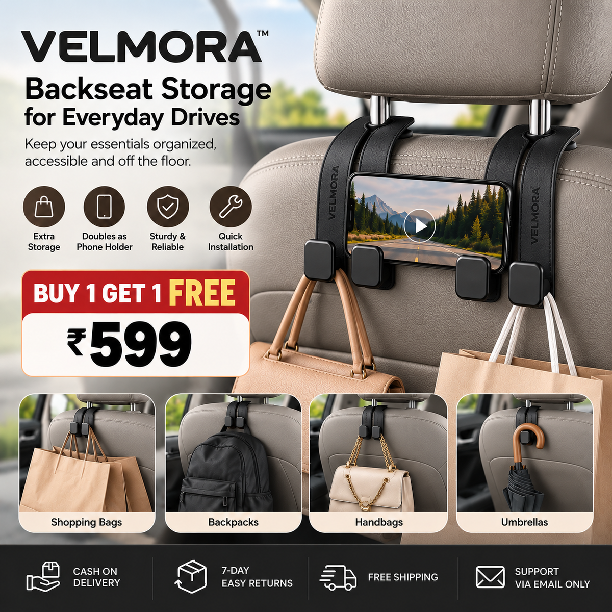 Velmora™ - Backseat Storage for Everyday Drives (Black)